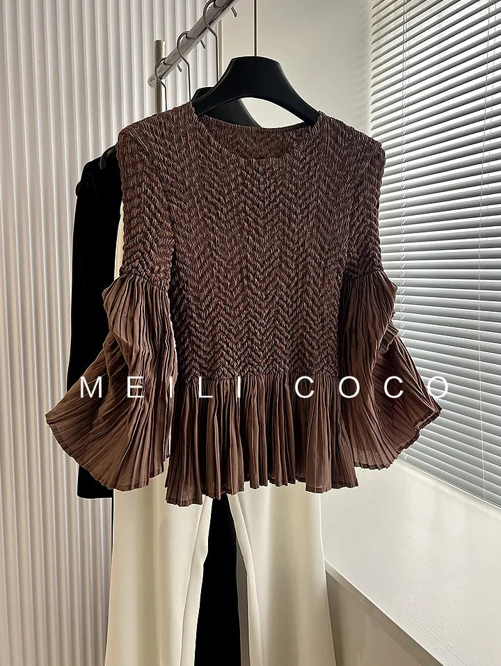 YUDX Pleated Heavy Embroidery Flared Sleeves Solid Color Design T-shirt Breathable and Comfortable 2024 Fall New