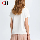 CH Women's White CHHC Letter T-Shirt Crew Neck Short Sleeve Soft Cotton Casual Daily Summer Top