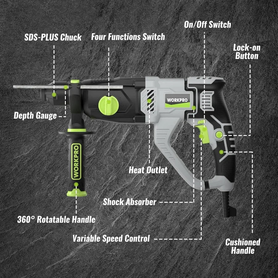 1-1/4 Inch SDS-Plus Rotary Hammer Drill 7.5AMP Lightweight Corded Version for Concrete Demolition Chipping Rotomartillo