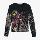 Spanish original single women's T-shirt elastic slim fit embroidered printed long sleeved new top