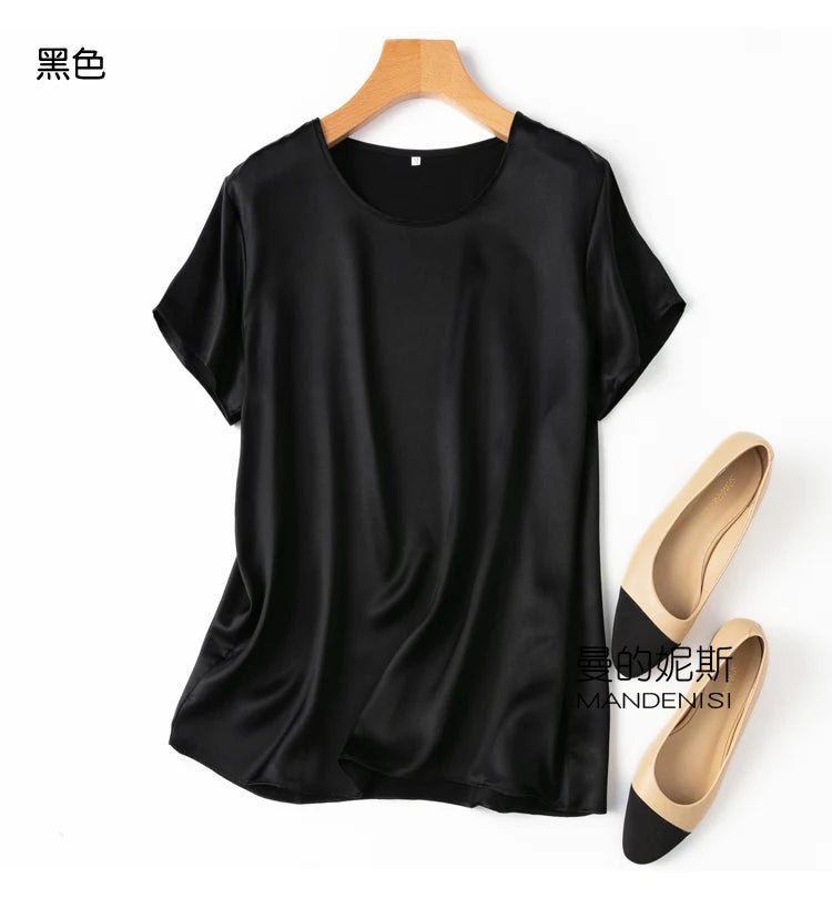 Benefits! Flowing Gem Series Basic Style Versatile Round Neck 100% Mulberry Silk Short Sleeve Silk Satin T-Shirt Top