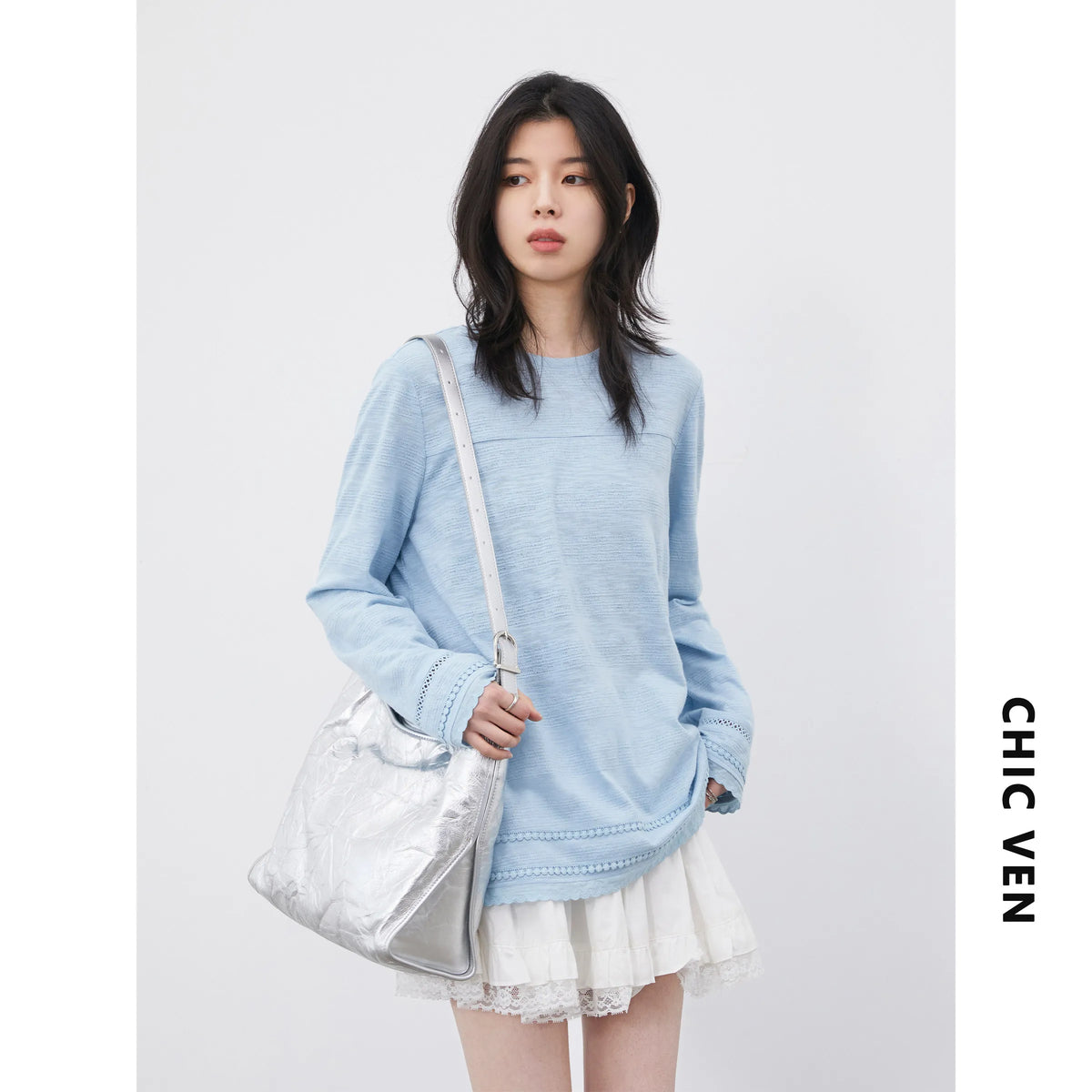 CHIC VEN Women T-Shirts Loose Casual Simple Lace Round Neck Long Sleeve Tees Micro Transparent Female Top Spring Summer 2026