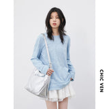 CHIC VEN Women T-Shirts Loose Casual Simple Lace Round Neck Long Sleeve Tees Micro Transparent Female Top Spring Summer 2026