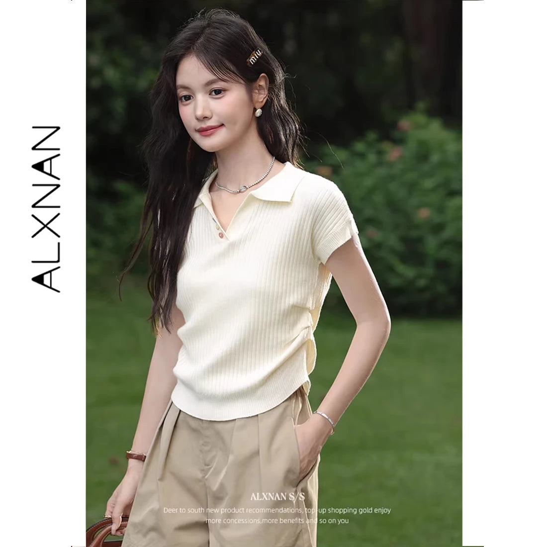 ALXNAN Women's T-shirt Lapel Elegant Casual Knitted Short Sleeve T-shirts 2026 Summer Loose-fit Waist Ruched Tops Female L56365
