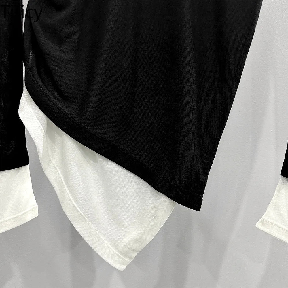 TIFICEY Women's Spring/Summer New Minimalist Design Black and White Fake Two-piece Long Sleeved T-shirt Knit Base Tops