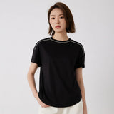 KL7513242 Women's Light Luxury High-Quality Cotton Blend T-Shirt with Contrasting Chain Detail Pullover Style