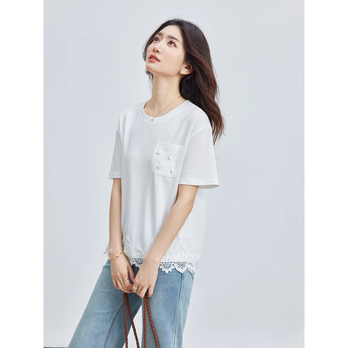 VIMLY French Simple White Short Sleeve Tee Women 2026 Summer Shell Pocket Lace Hem Loose Casual Mid-Length Knit T-shirt A6228