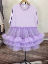 [EWQ] Fashion Streetwear Ball Gown Dress Solid Colors Spliced Irregular Mesh Loose Women Dresses 2025 Summer New Tide 16O6549