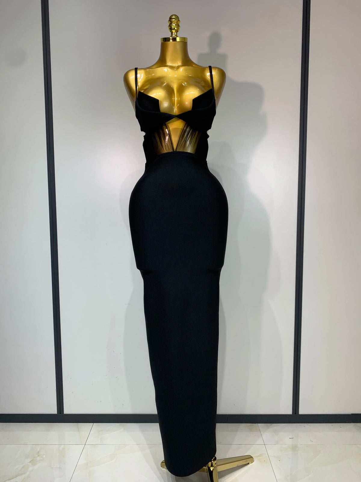 Fashion Black Spaghetti Strap Maxi Long Bandage Dress Mesh Cut Out Elegant Celebirty Bodycon Evening Club Party Birthday Dresses