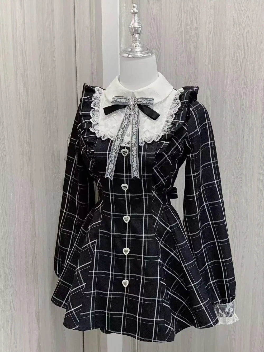Womens Lolita Kawaii Sweet Lace Patchwork Plaid Dress Fairy Grunge Ruffled Long Sleeve Dresses Y2k Aesthetic Lolita Vestidos