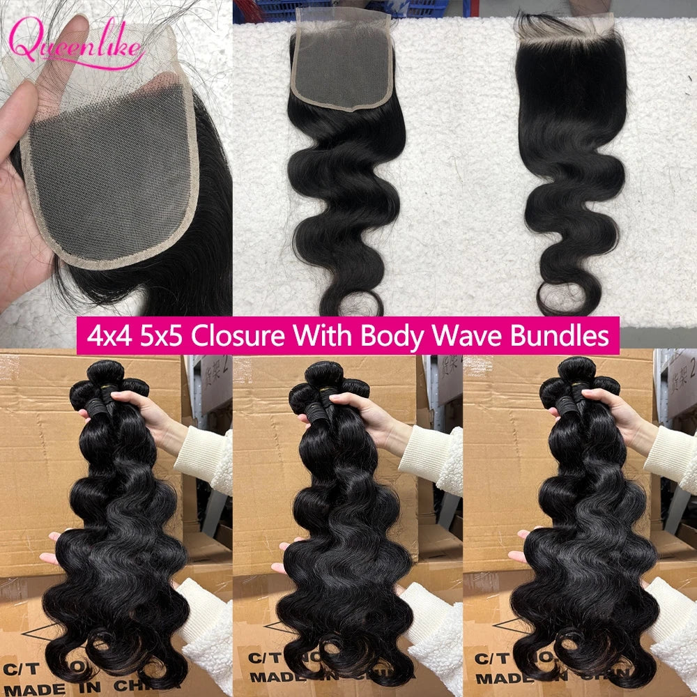 Queenlike 24 24 24 Inch Body Wave Bundles Human Hair Bundles And 4x4/5x5 Lace Closure 12A Brazilian Bundles 100% Human Hair