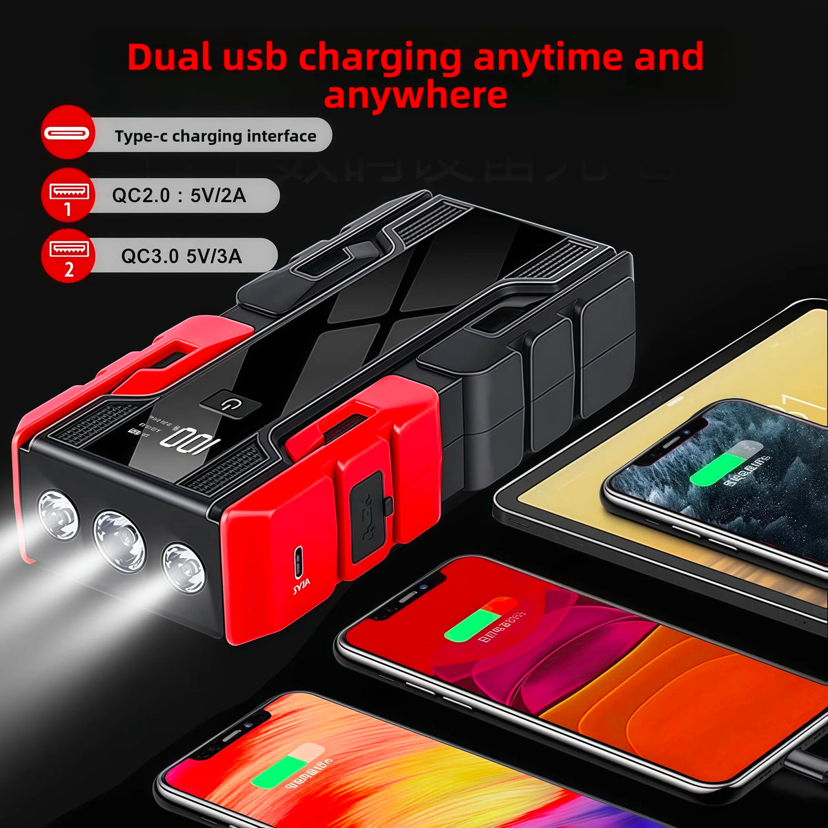 12V Car Jump Starter , 3000A Peak 99800mAh Portable Power Bank ,12V Auto Battery Booster with LCD Display, Emergency LED Light