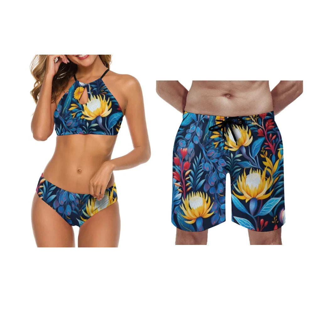 Summer Beach Swimsuits Couple Outfits Women's Two-Piece Swimsuits Summer Flower Patterns Customizable