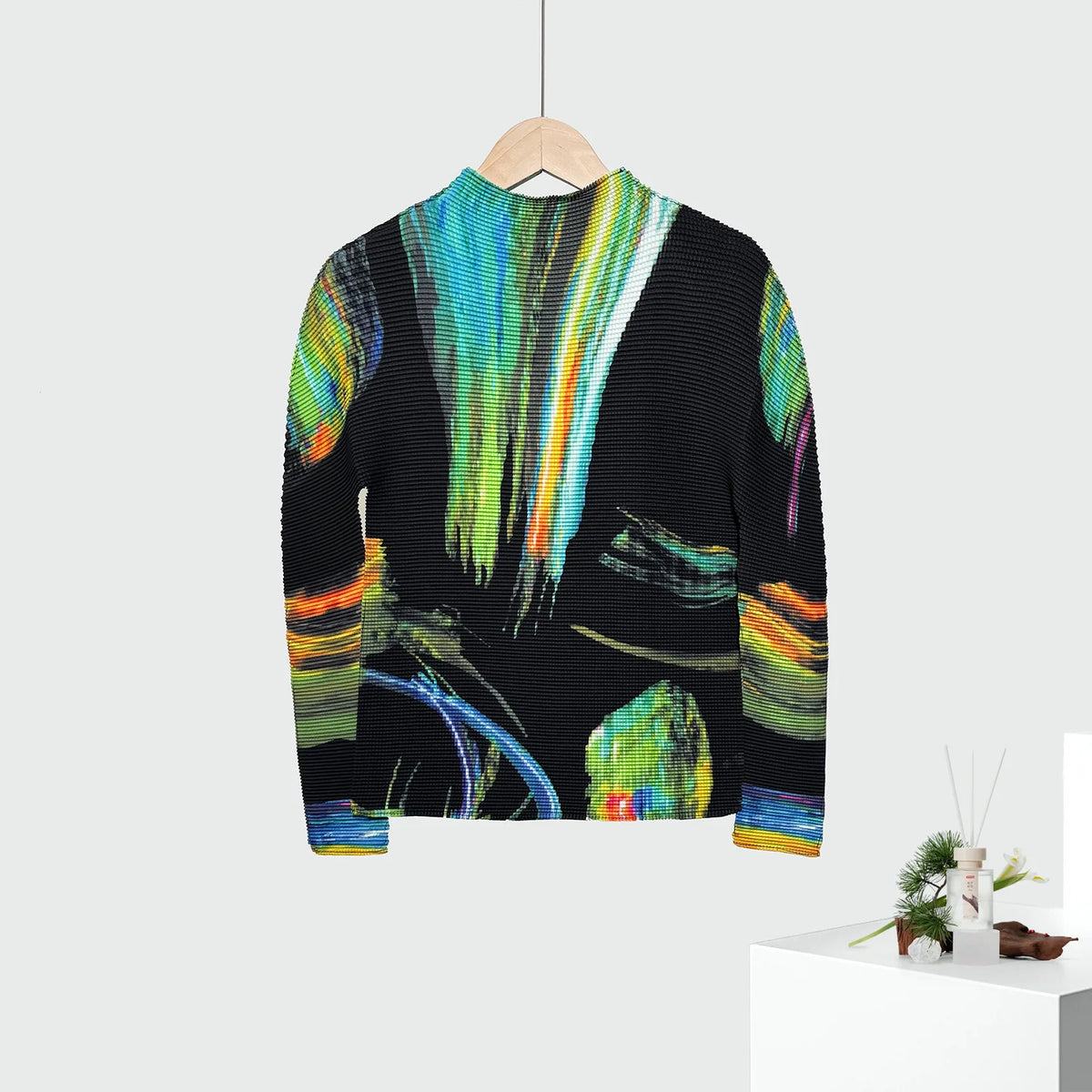 LANMREM Print High Elastic Slimming Women's T-shirt Niche Corn Pleat Round Collar Long Sleeve Pullover Tops 2DB6016