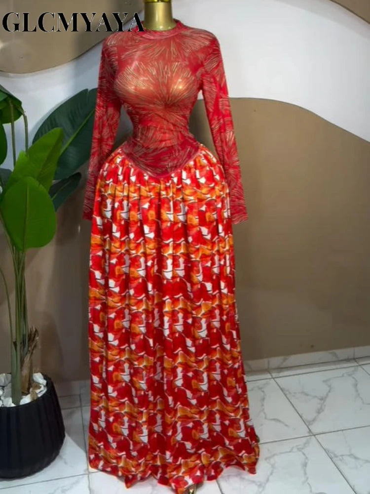 CM.YAYA Women leaf Print patchwork smock Midi A-line Long Maxi Dress 2026 Elegant Evening Birthday Party Dresses Trendy Vestidos