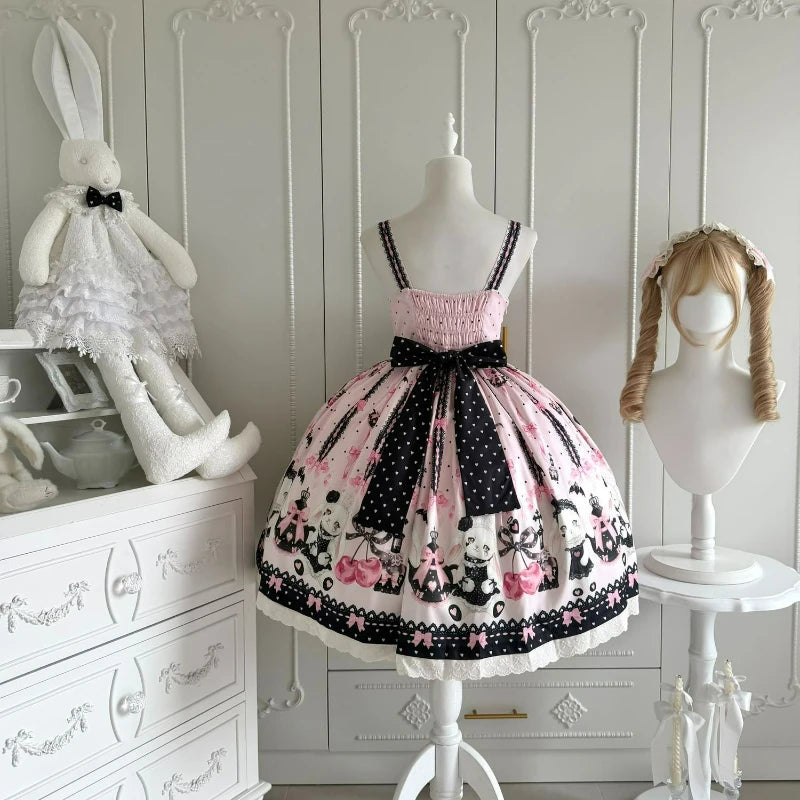 Japanese Kawaii Lolita Style Jsk Dress Women Sweet Cute Bow Lace Ruffles Party Mini Dresses Gothic Y2k Sleeveless Princess Dress