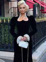 Velvet Lace Patchwork Dress Square Collar Waist Cinched Slim Fit Party Gown Robes Elegant Women Wrap Hip Fishtail Long Dresses