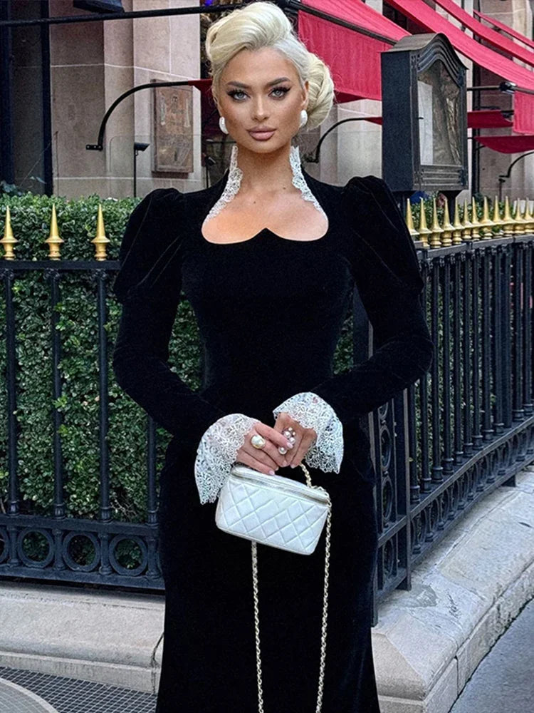 Velvet Lace Patchwork Dress Square Collar Waist Cinched Slim Fit Party Gown Robes Elegant Women Wrap Hip Fishtail Long Dresses