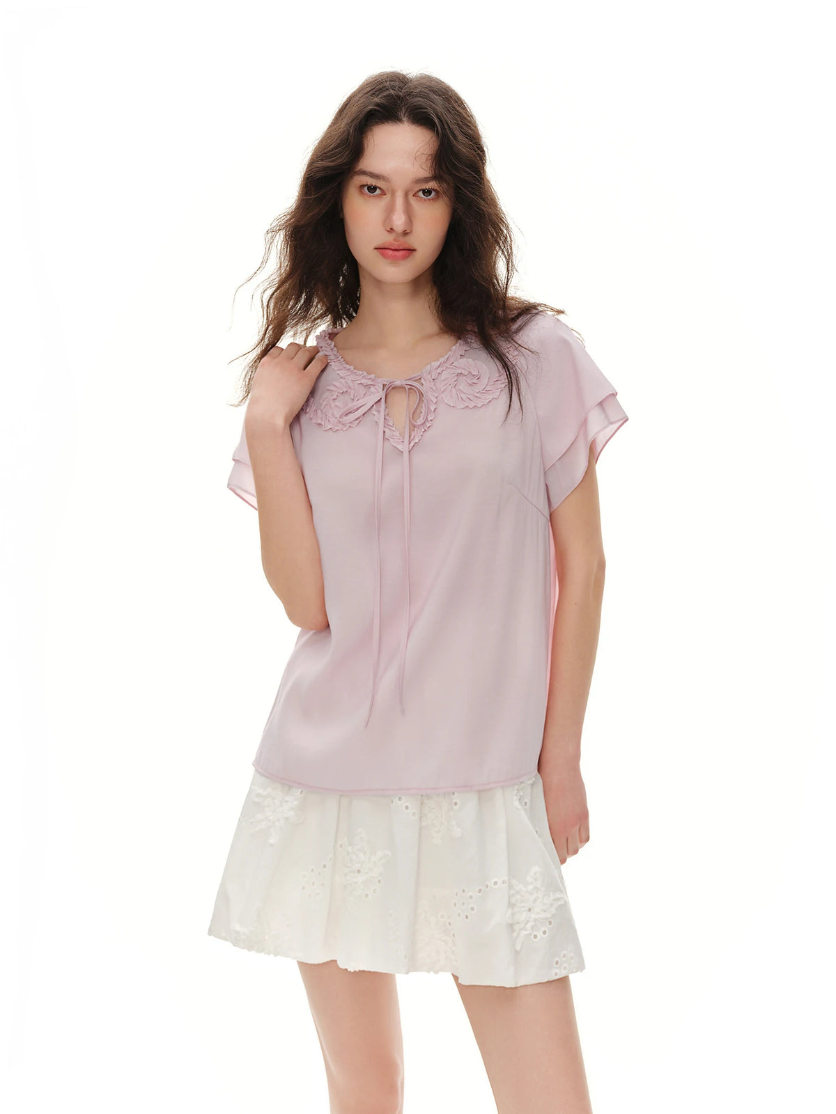 DUSHU 2026 New Arrival Summer Women's Pastel Ruffle Chiffon Blouse, Short Sleeve Flowy Feminine Top for Soft Romantic Style