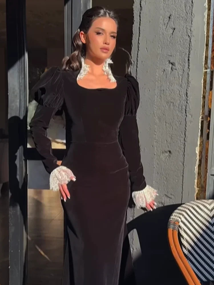 Lace Patchwork Velvet Long Dress Women Black Full Sleeves Waist Cinching Slim Maxi Dresses 2026 Lady Evening Party Vestidos New