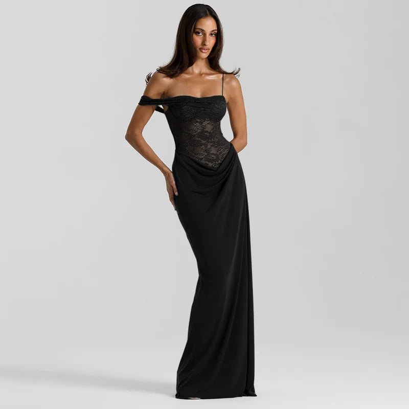 Women's Brown Sheer Lace Bodice Draped Long Dress Sexy Spaghetti Strap Party Evening Long Dresses Black Burgundy Wedding Guest