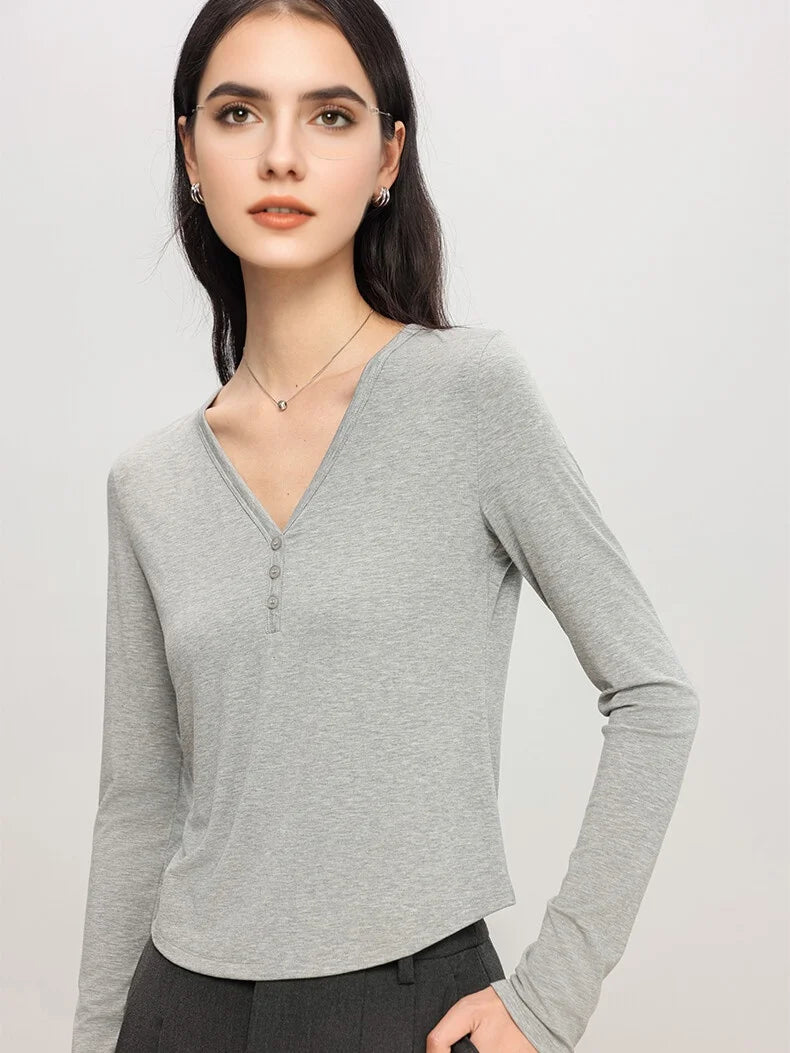 SuyaDream Women Solid Short T Shirts, Silk Viscose Blend, V Neck, Long Sleeved Tee, 2025 Spring Autumn Crop Top
