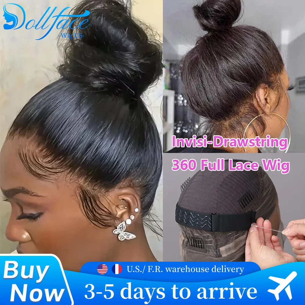 360 Full Hd Lace Wig Invisible Drawstring Glueless Wig Straight Human Hair Natural Color 220 Density Pre Plucked Ready To Wear