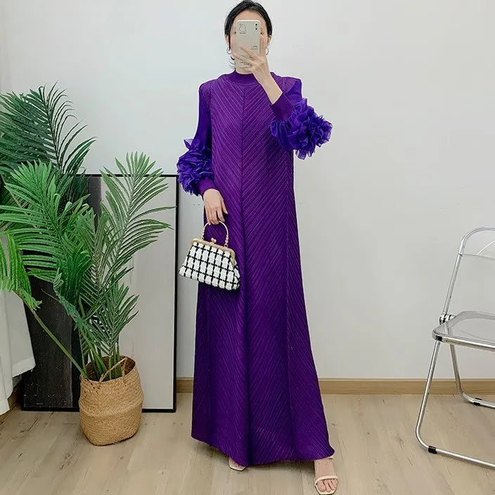 YUDX Luxury Purple Miyake Pleated High Neck Maxi Evening Dress, Ruffle Sleeve Women's Wedding Guest Ramadan Party Dress 2026 New