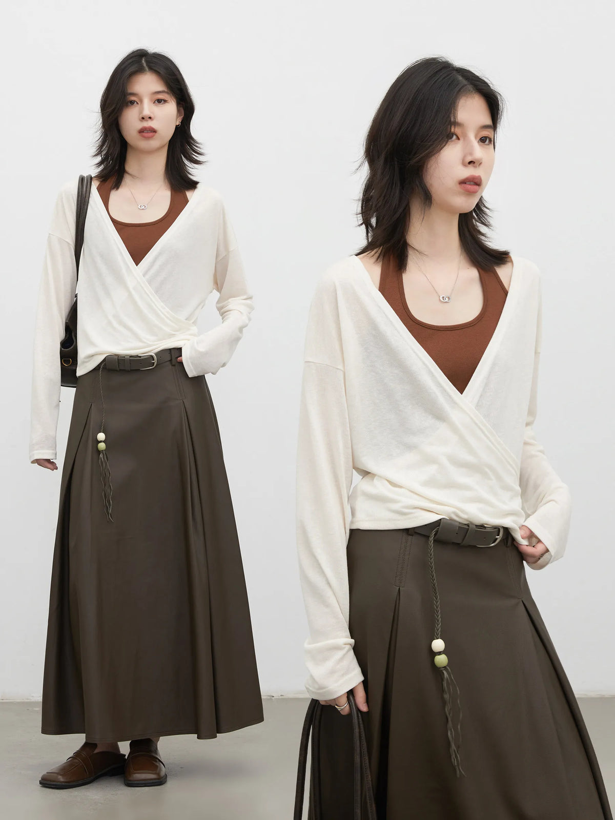 CHIC VEN New Women T-Shirts Cross V-neck Two-piece Contrast-color Halter Vest Lady Long-sleeved Top Pullover Spring Autumn 2026