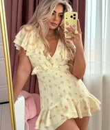 Women Floral Printed V-neck Mini Dress Fashion Half Sleeve High Waist Ruffle Slim Dresses 2026 Summer Elegant Lady Vacation Wear