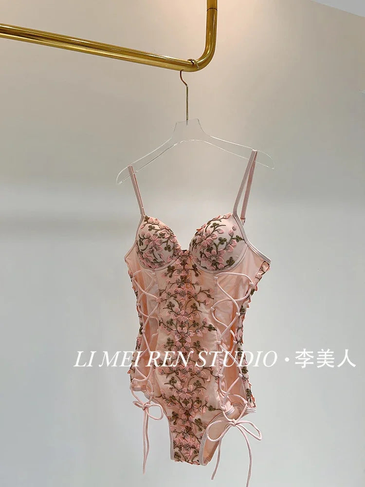 New lace petal embroidery suspender sexy gathering one-piece swimsuit