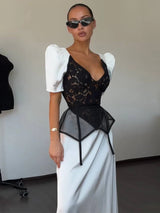 Elegant Women's Satin Lace Patchwork Waistband Dress V-neck Bubble Short Sleeved Zipper Dresses 2026 Summer Lady Party Robes