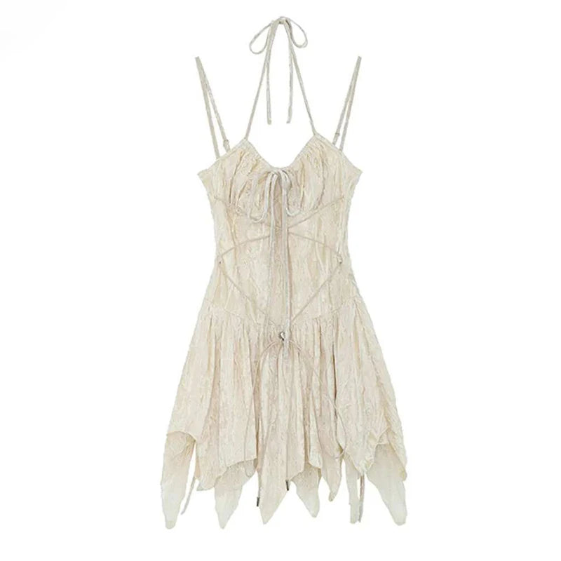 DEAT Fashion Velvet Lace Up Jacquard Spaghetti Strap Dress Women's Slim Fit Mini Irregular Dresses Summer New