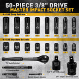 ELEAD 50PCS 3/8'' Drive Impact Socket Set Shallow & Deep Socket Set Metric and Standard Full with Universal Joint Extension Bar