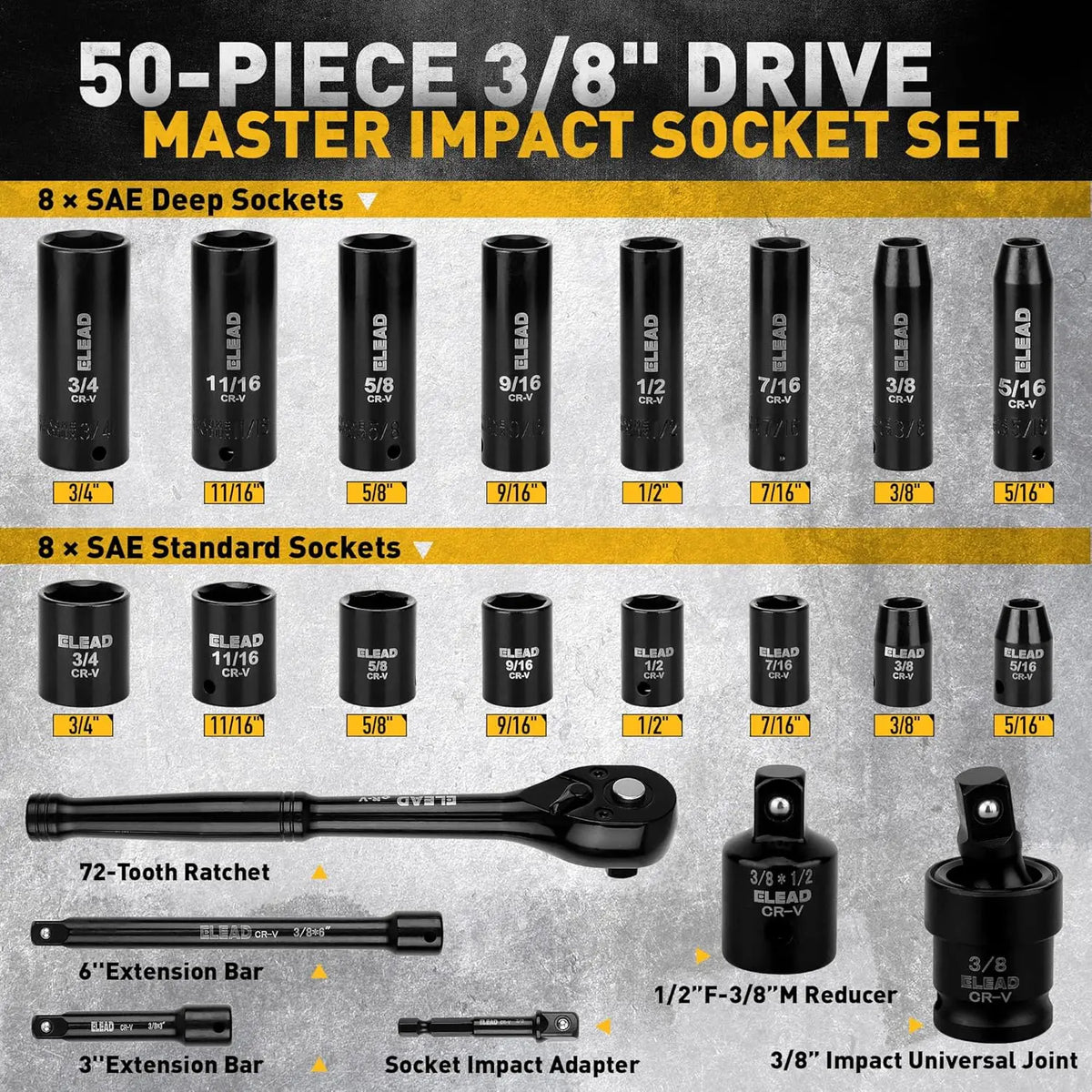 ELEAD 50PCS 3/8'' Drive Impact Socket Set Shallow & Deep Socket Set Metric and Standard Full with Universal Joint Extension Bar