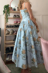 Oligai Floral Print Midi Sundress Elegant Spaghetti Strap Flowy Dress Aussie Summer Women Boho Chic Beach Dress