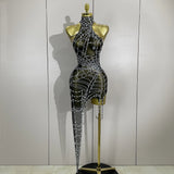 STOCK Sparkly Diamond Sexy Mesh Asymmetric Bodycon Mini Dress Women Nightclub Bar Party Show Gogo Dancer Clothing Stage Costume