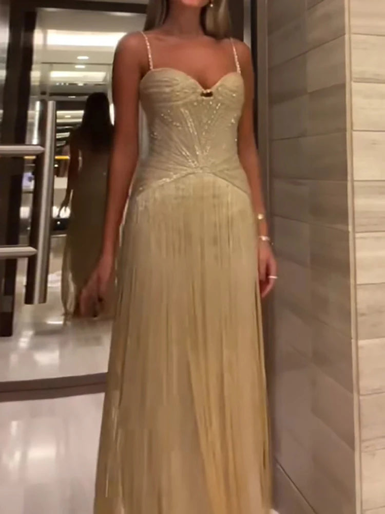 Sexy Wrap Chest Sleeveless Hollow Tassel Dress Fashion Backless Slim Fit Evening Gown Shiny Sequined High Waist Women Long Dress