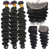 Peruvian Loose Deep Wave Bundle With Closure Human Hair 3/4 Bundles With Frontal Closure HD Transparent Lace Frontal With Bundle