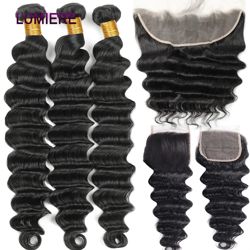 Peruvian Loose Deep Wave Bundle With Closure Human Hair 3/4 Bundles With Frontal Closure HD Transparent Lace Frontal With Bundle