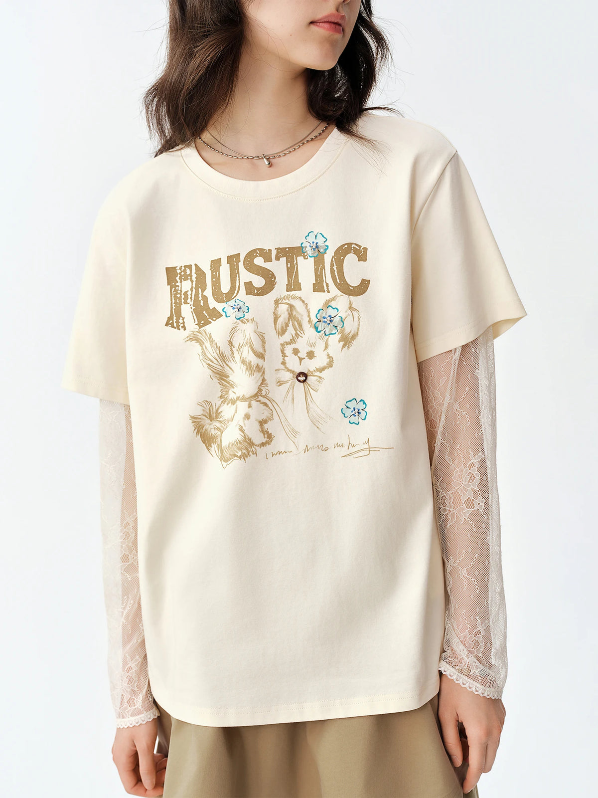 DUSHU Lace Patchwork Faux Two-piece Long Sleeve T-shirt Women Cartoon Printed Autumn 2026 Fashion Loose Top Leisure Designable