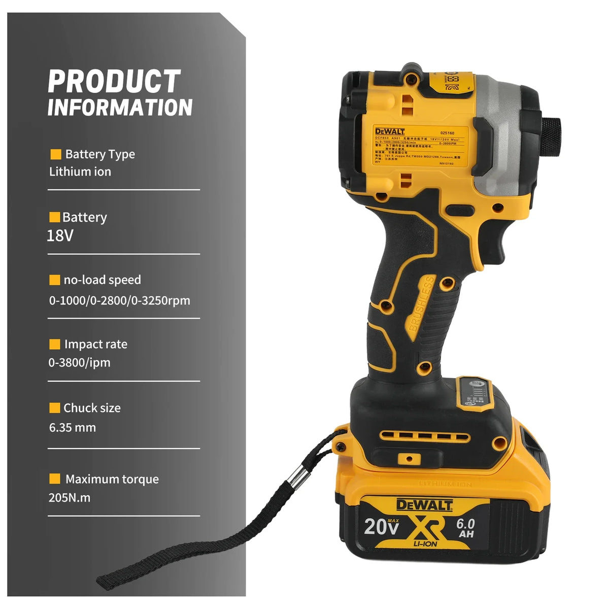 DEWALT DCF850 20V Impact Driver 205N.m Torque Forward/Reverse Switch for Screw Driving&Bolt Tightening in Construction&Workshop