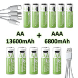 1.5V AA/AAA Li-ion Batteries 13600+6800mAh Ultra-Fast Charge 2000+ Cycles W/ Free USB-C Cable for Toys, Remote Controls, Cameras