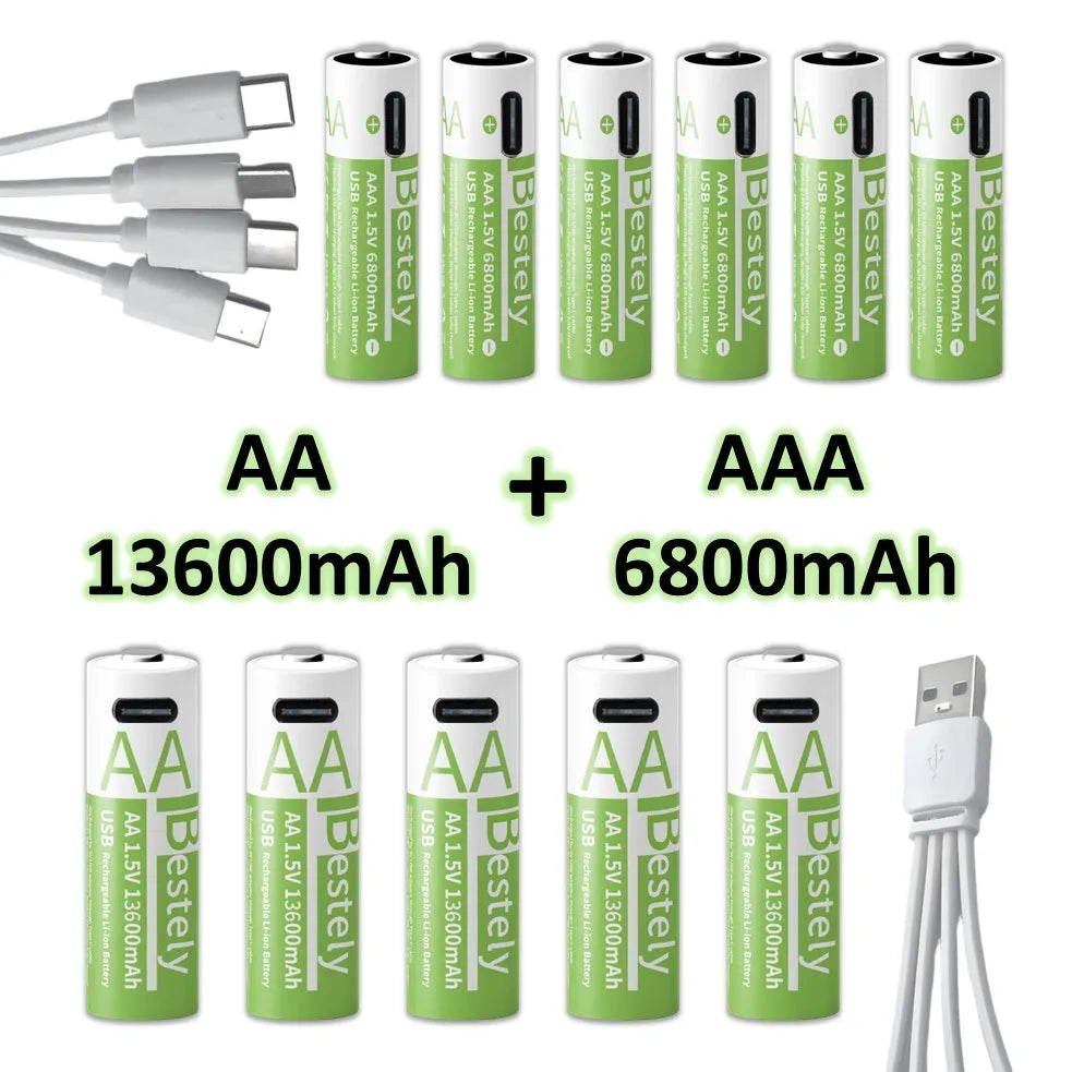 1.5V AA/AAA Li-ion Batteries 13600+6800mAh Ultra-Fast Charge 2000+ Cycles W/ Free USB-C Cable for Toys, Remote Controls, Cameras