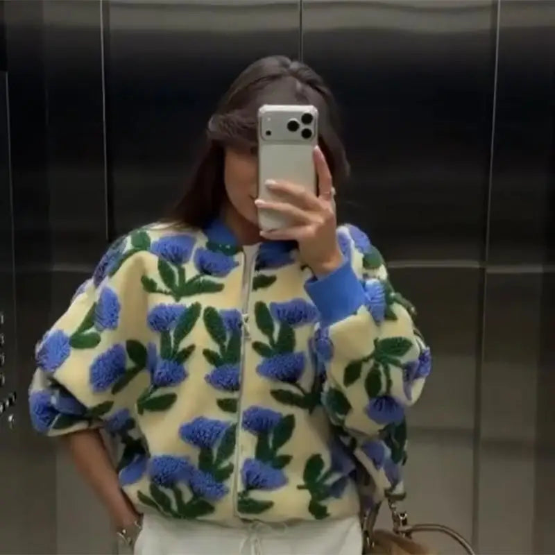 Dreamy Floral Plush Bomber Jacket Women, Oversized Zip Up Long Sleeve Fleece High Street Casual Coat