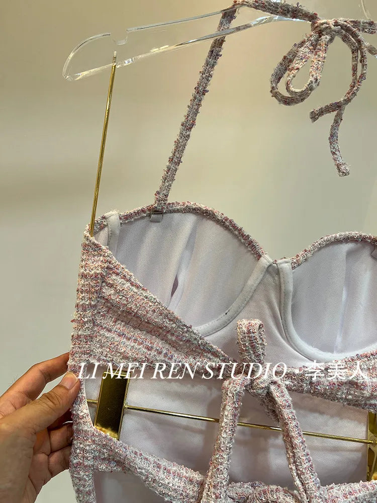 New Rough tweed delicate pink one-piece swimsuit for women