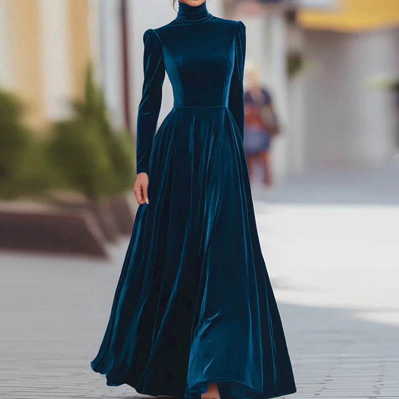 O Neck Solid Patchwork Chic Maxi Dress, Spring Autumn Women Casual Long Sleeve Party Dress, 2025 New Holiday Simple Ladies Dress
