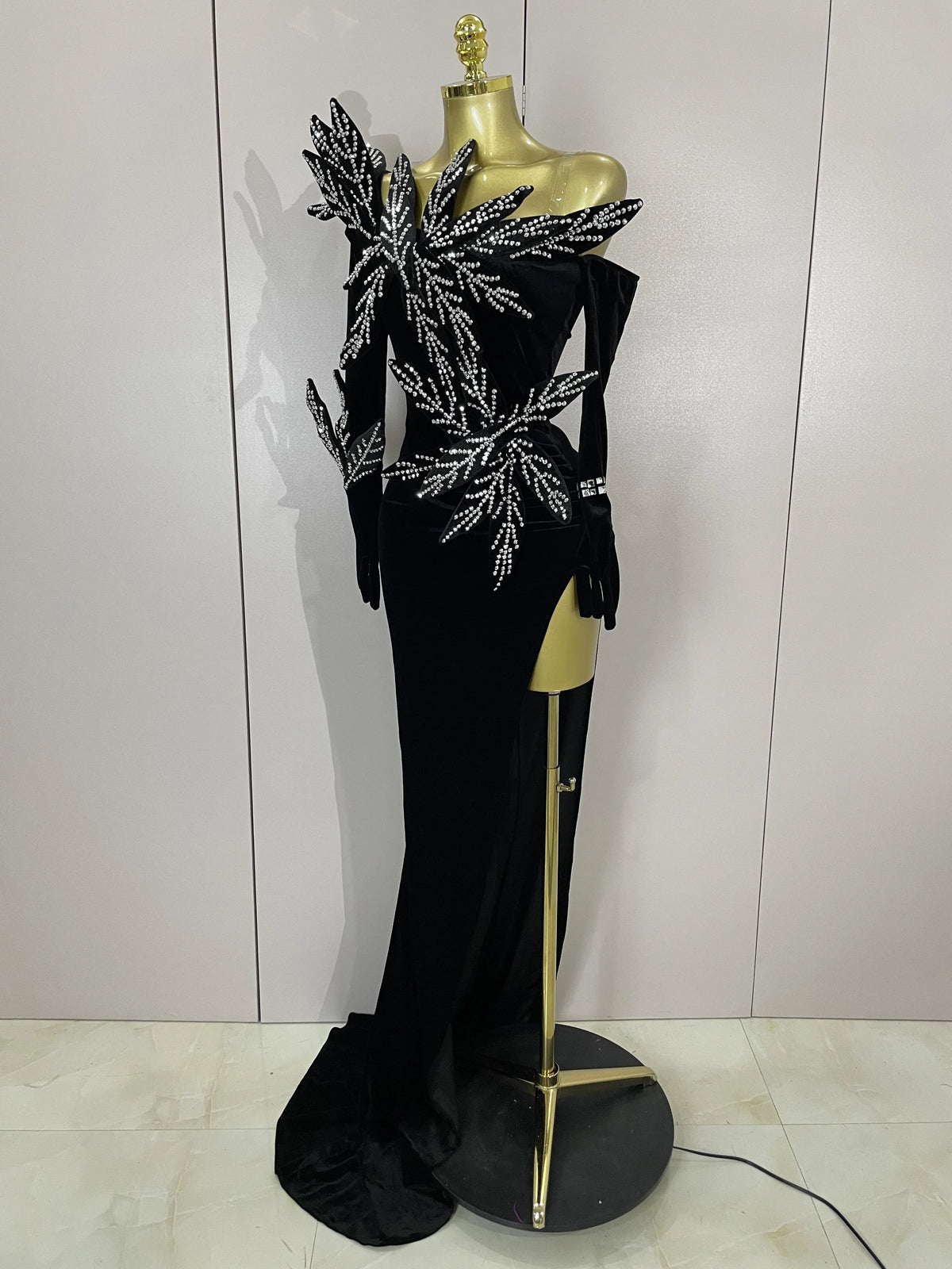 Shiny Diamond Velvet Sexy Side Slit Floor Length Dress With Gloves Women Chic Birthday Banquet Show Host Nightclub Stage Wear