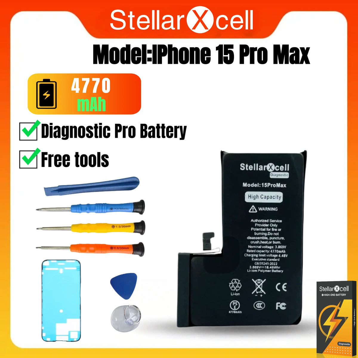StellarXcell Diagnostic Battery No Unknown Parts No Pop Up Message for iPhone 12mini 13Pro Max 14Plus 15Pro Max With Free Tools