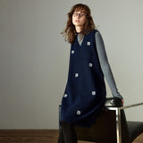 TOYOUTH Women Dresses 2025 Winter New Sleeveless Tank Dress Arctic Fleece Embroidered V-neck Knitted Dress